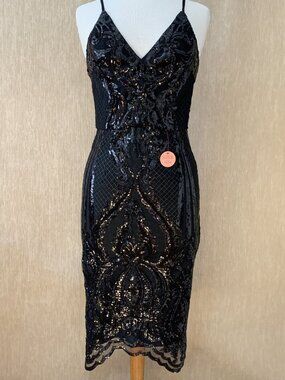 Chi Chi London Margot Black Sequin Bodycon Midi Dress UK | Size 10 | NWT